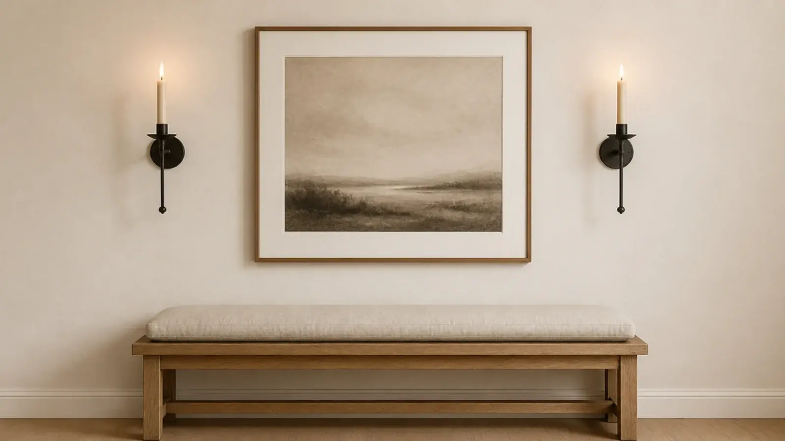 two wall sconces spaced evenly either side of a framed neutral print