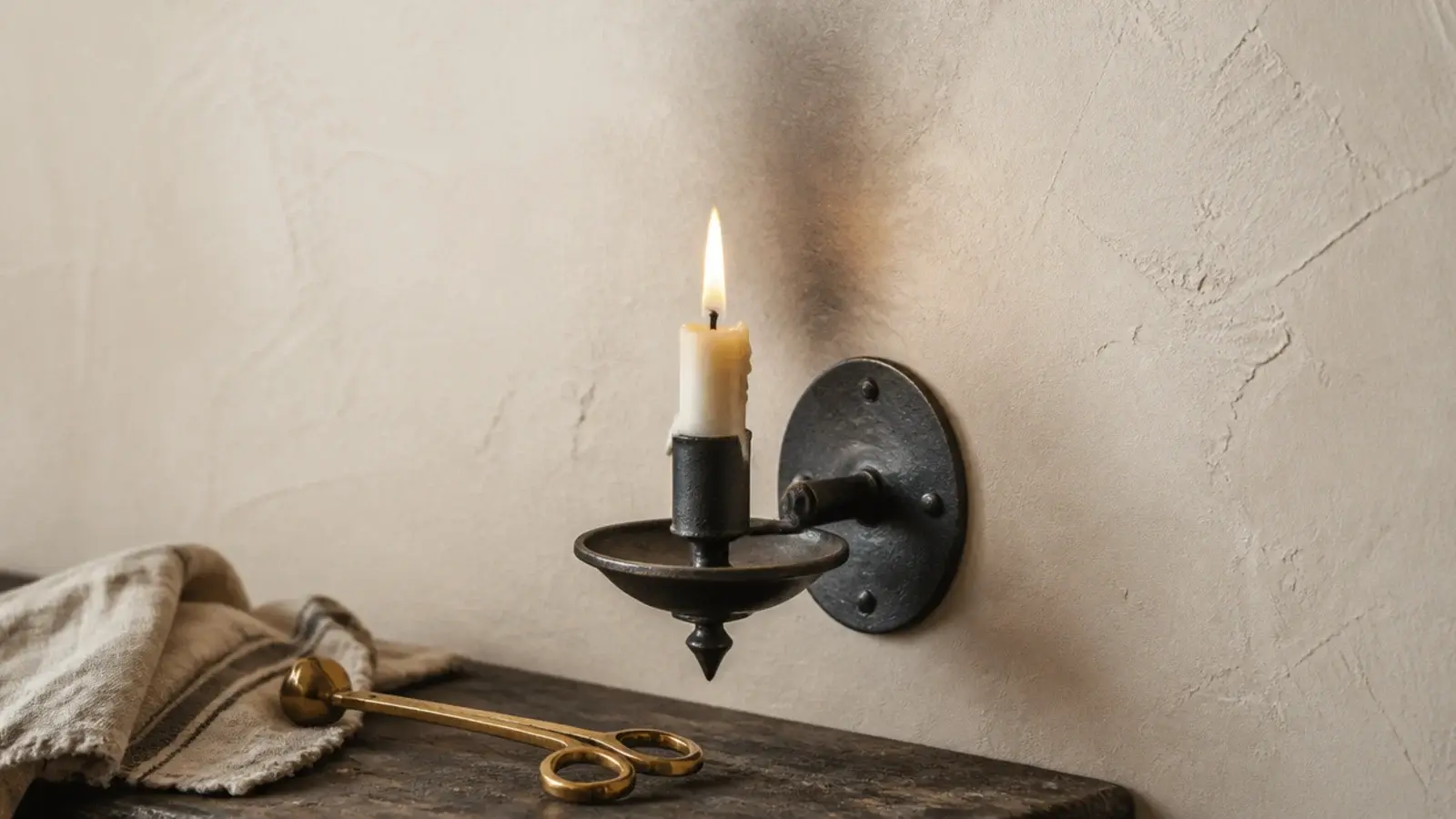 hand height view of faint soot shadow on plaster above a wall candle