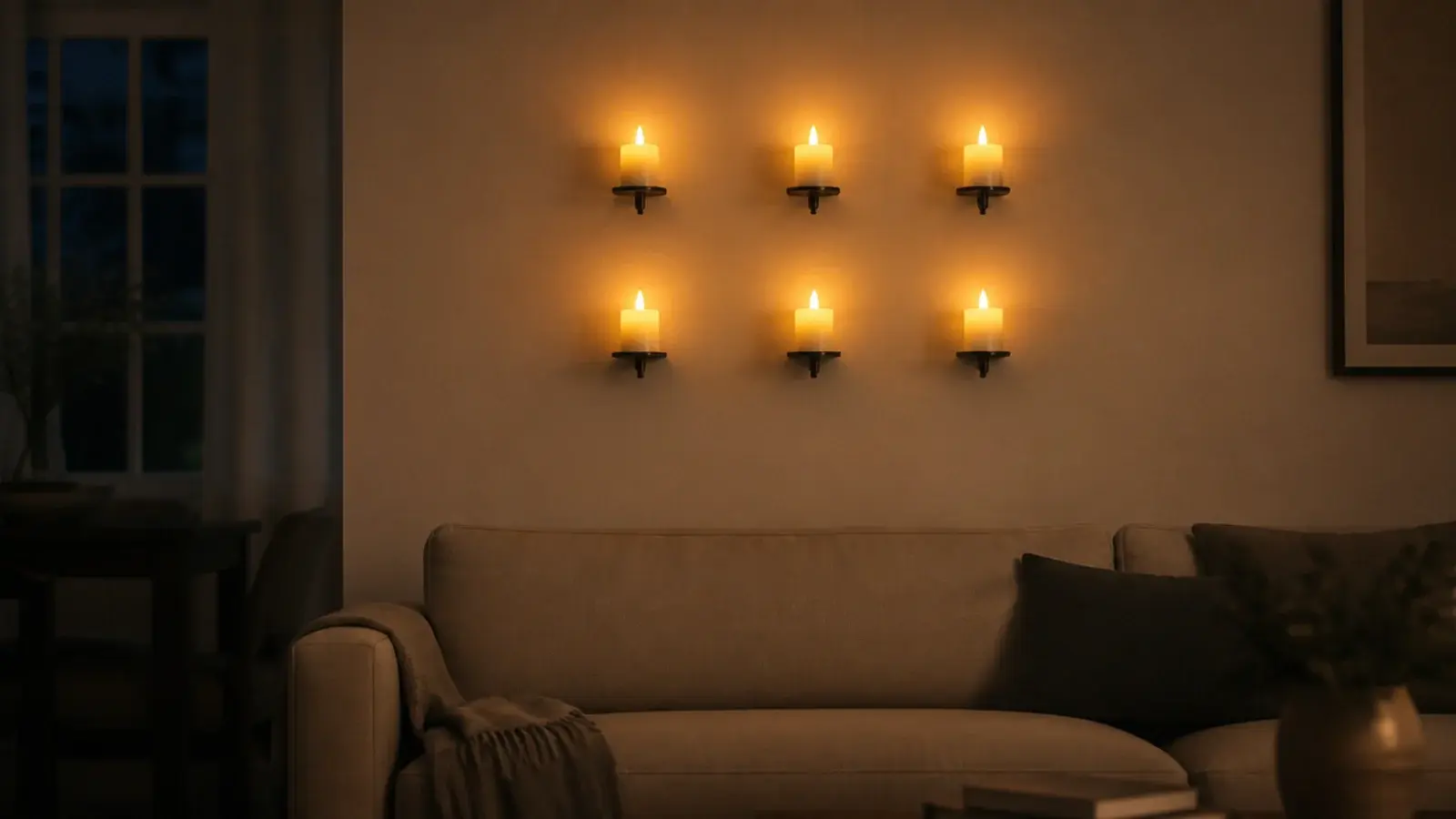 grid of flameless wall candles glowing on a timer above a linen sofa