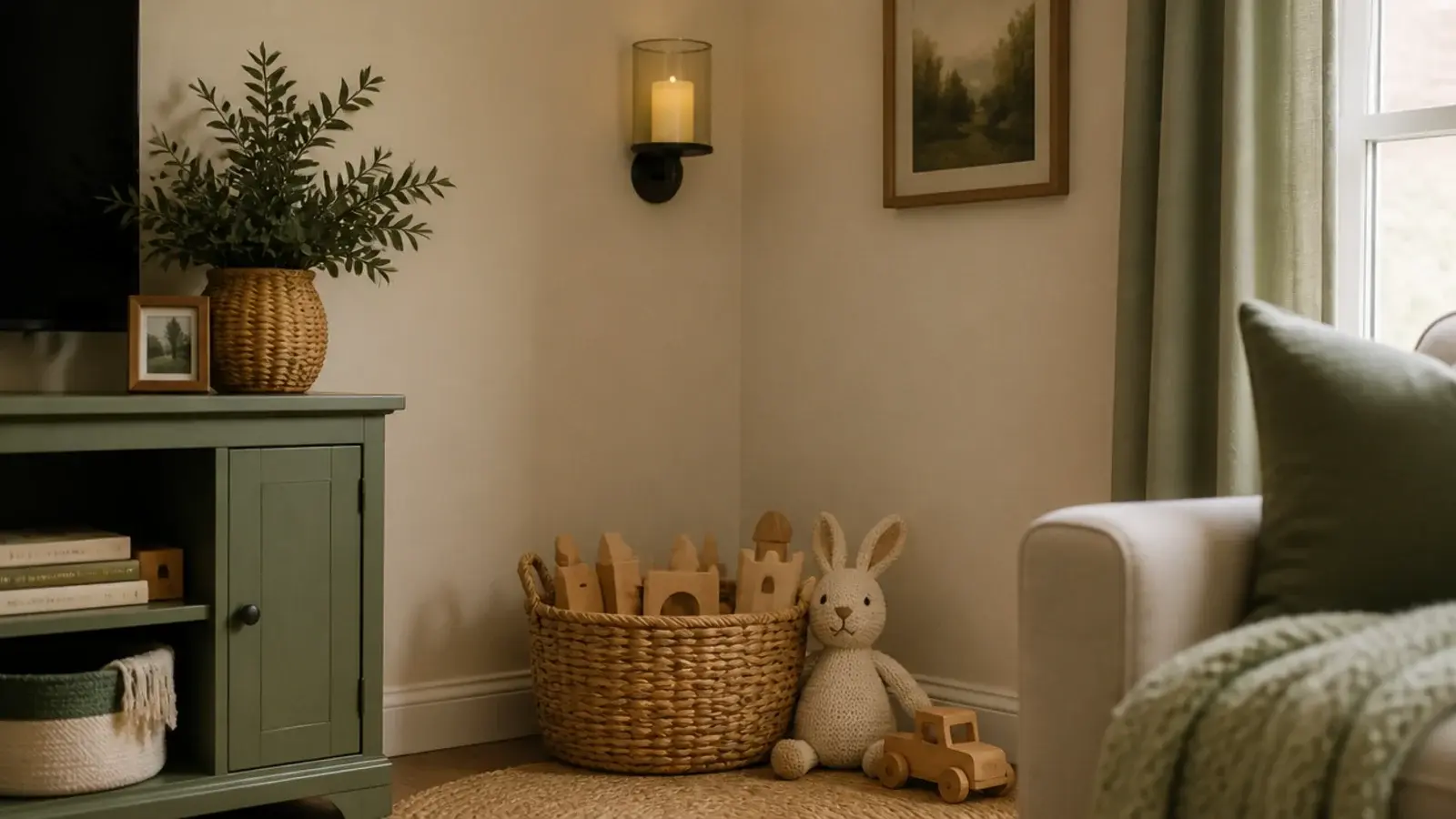 wall candle mounted high above a childrens play corner with soft toys