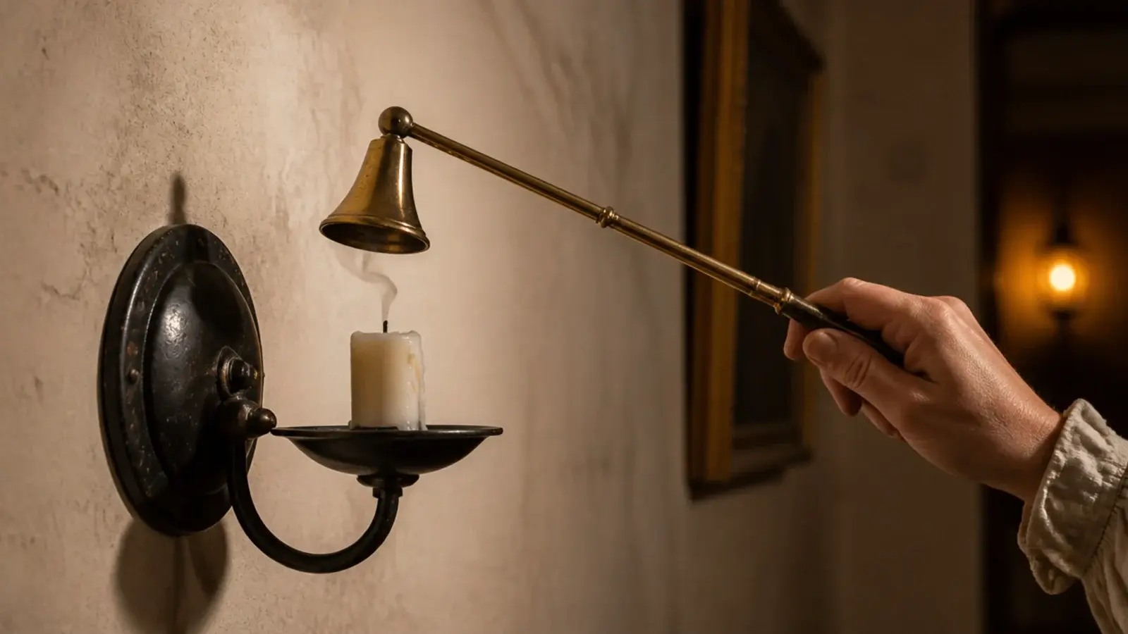 brass snuffer raised to extinguish a candle in a metal wall sconce