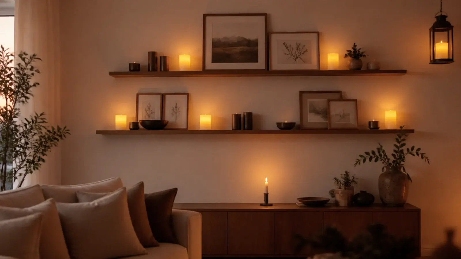 full wall of flameless candles ledges and prints in a neutral living room