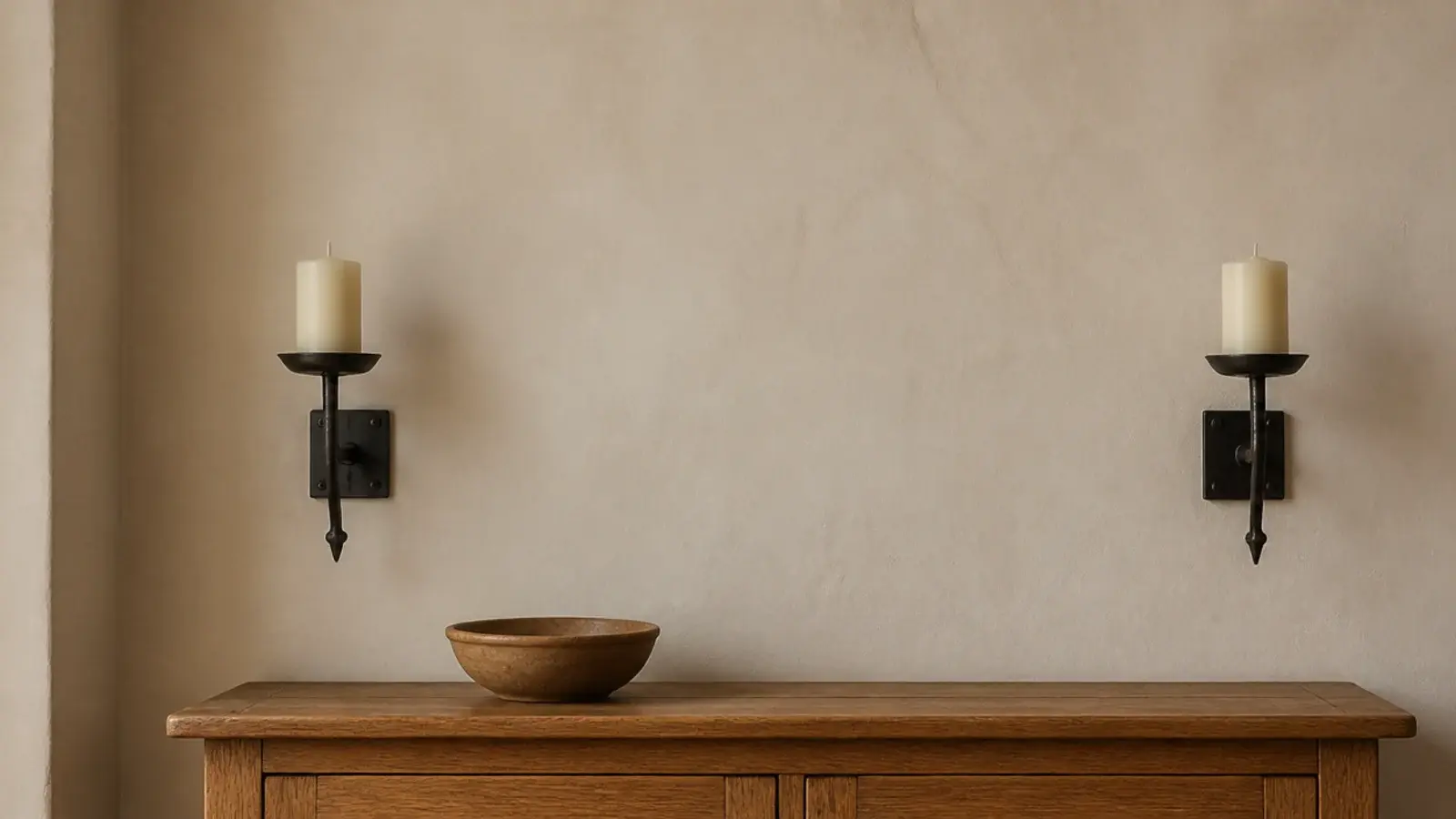 candle wall decor with metal sconces and bare plaster above the flames