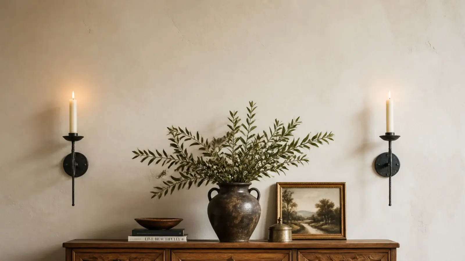 vertical candle wall decor scene with metal sconces on bare plaster