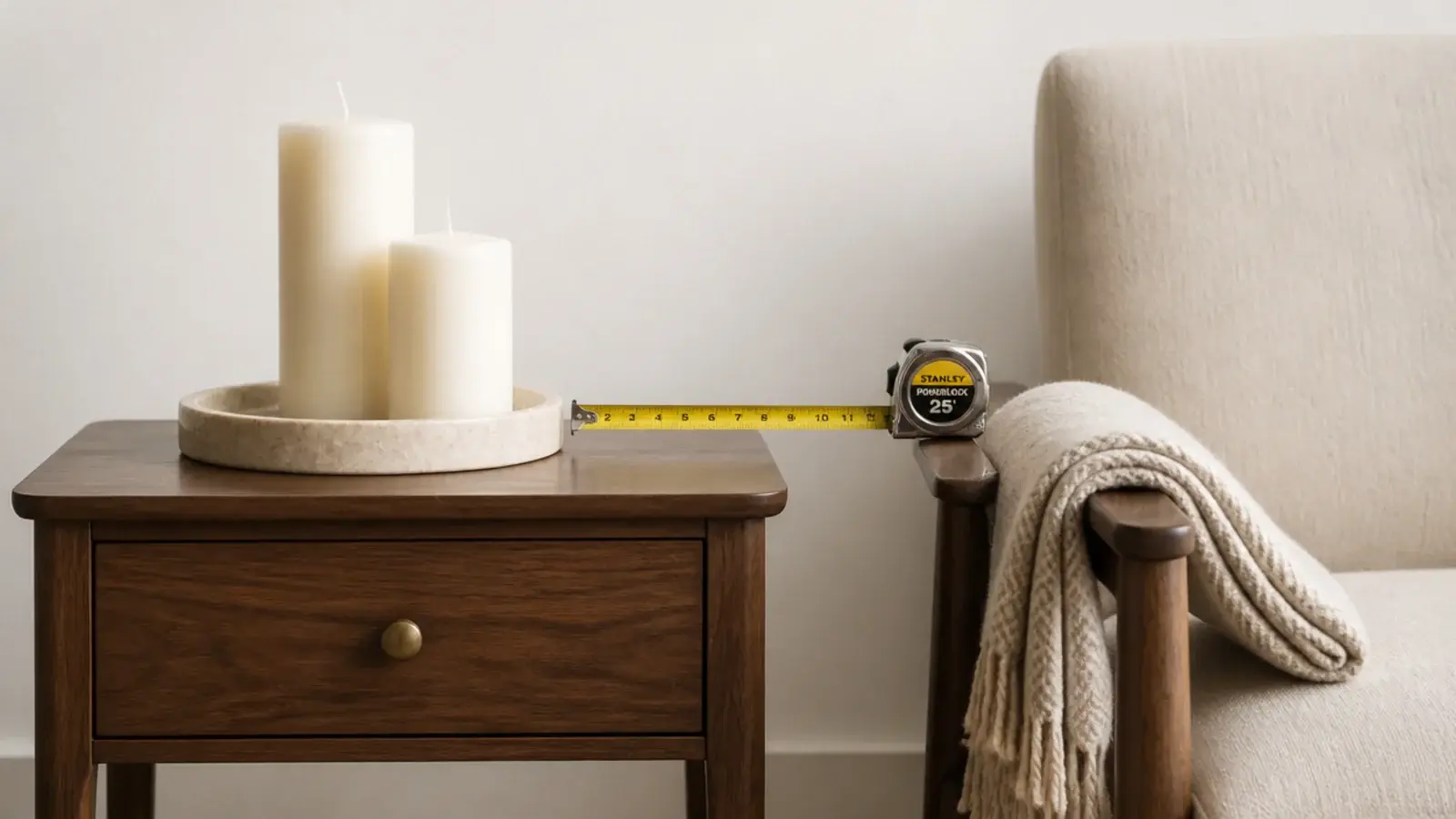 tape measure checking clearance between candles and a wool throw