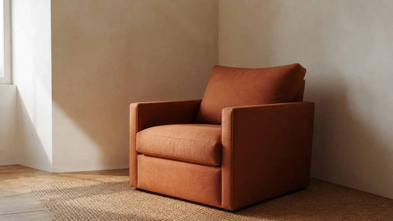 linen armchair angled into a room corner before any styling is added
