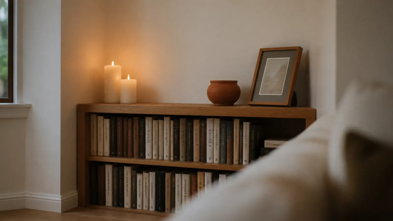 candles and pottery styled on the open top of a low corner bookcase