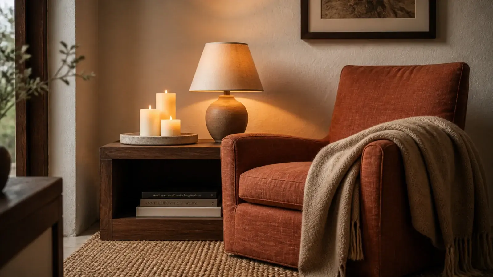 cozy candle corner with a linen chair glowing pillars and a warm lamp