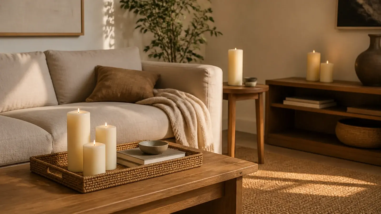 matching cream candles repeated across a living room in different sizes
