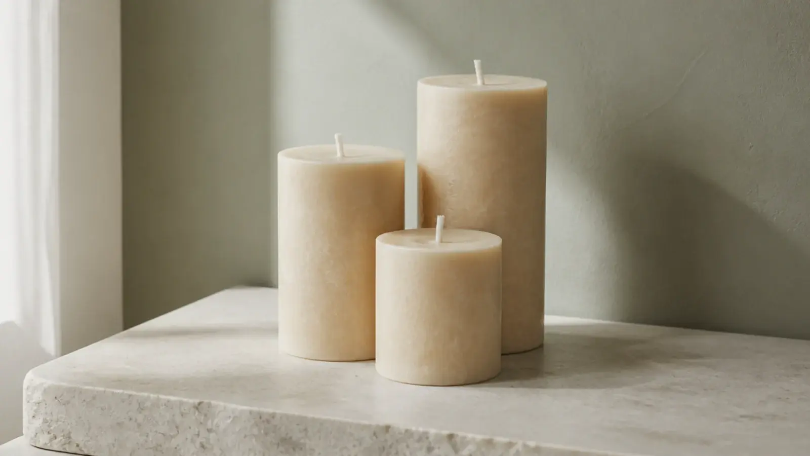 plain undyed soy pillar candles grouped on a pale stone slab