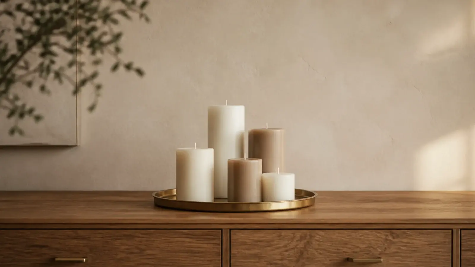five neutral candles arranged in odd numbers at three stepped heights