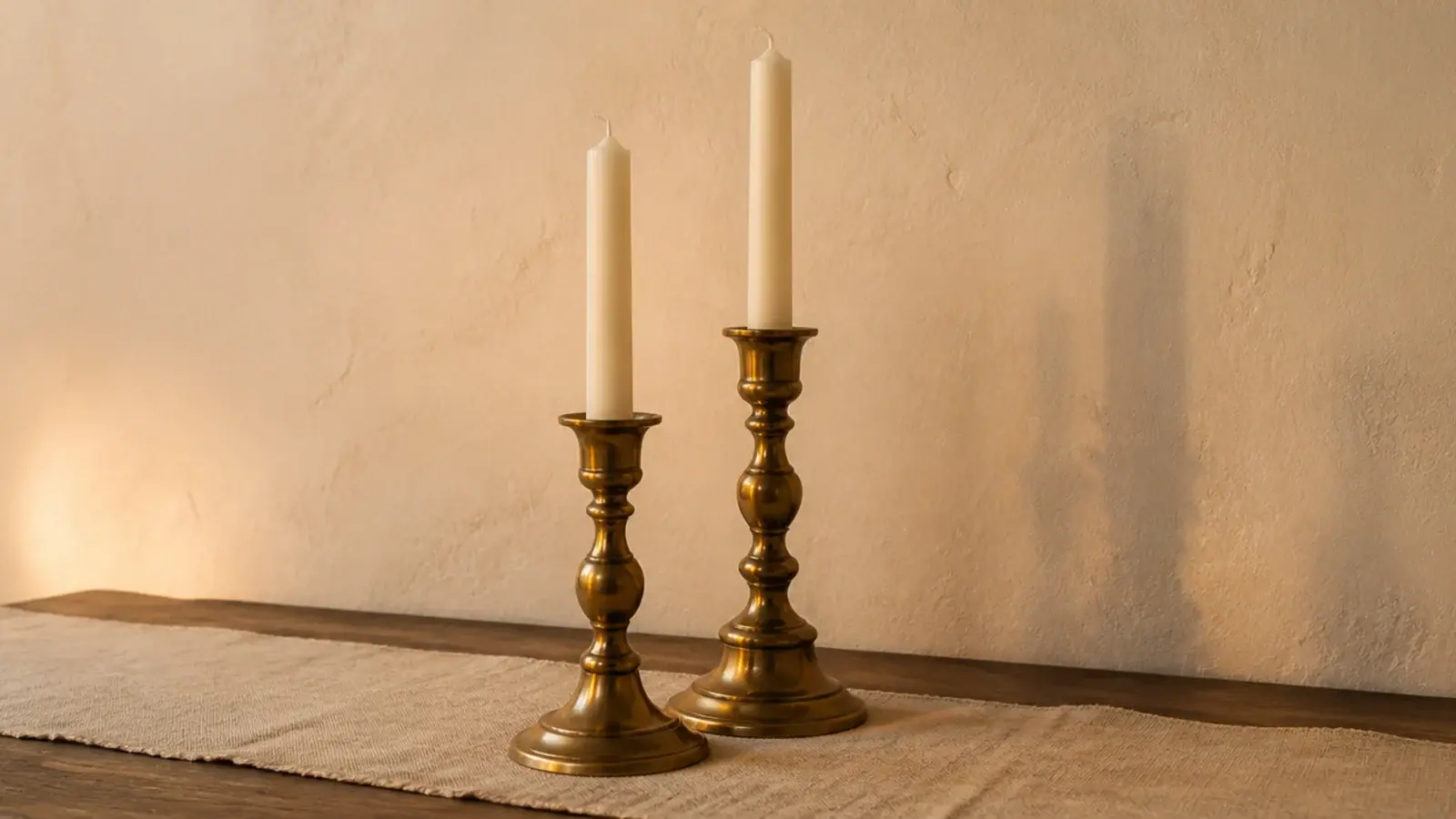 aged brass candle holders standing against a cream plaster wall