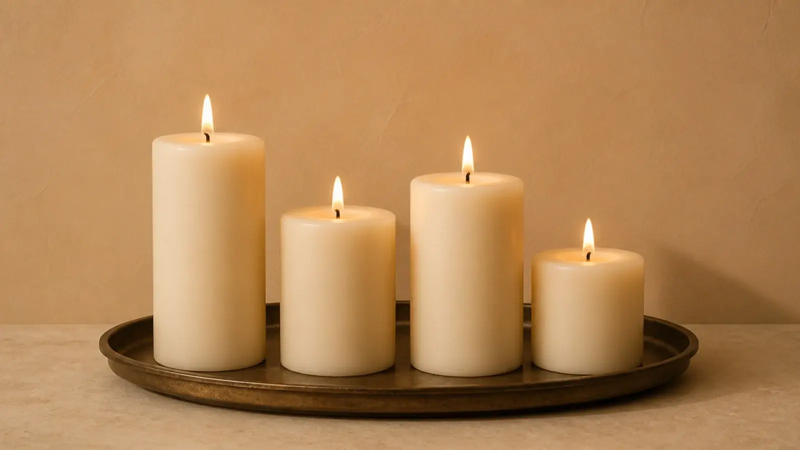 cluster of same width cream pillar candles at different burned heights