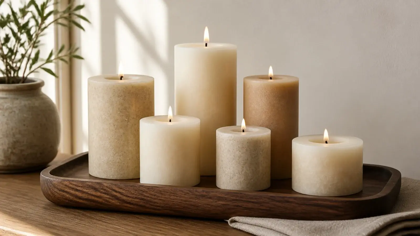 oatmeal bone and sand candles layered together in one tonal grouping