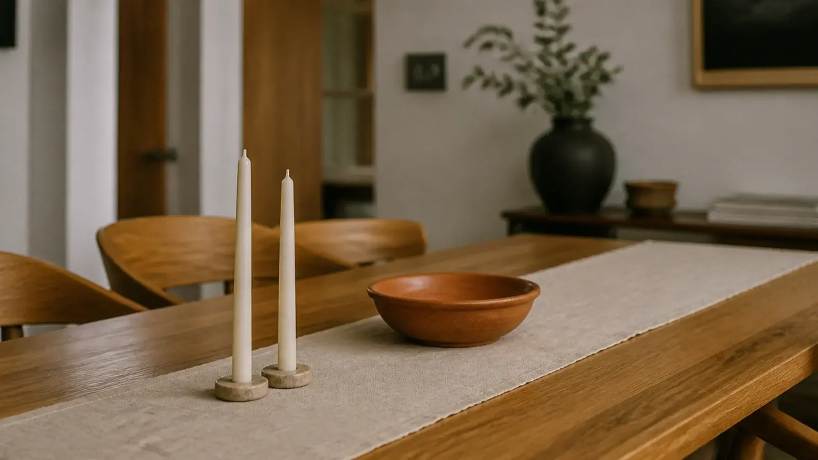linen runner on a dining table with candles standing clear on stone bases