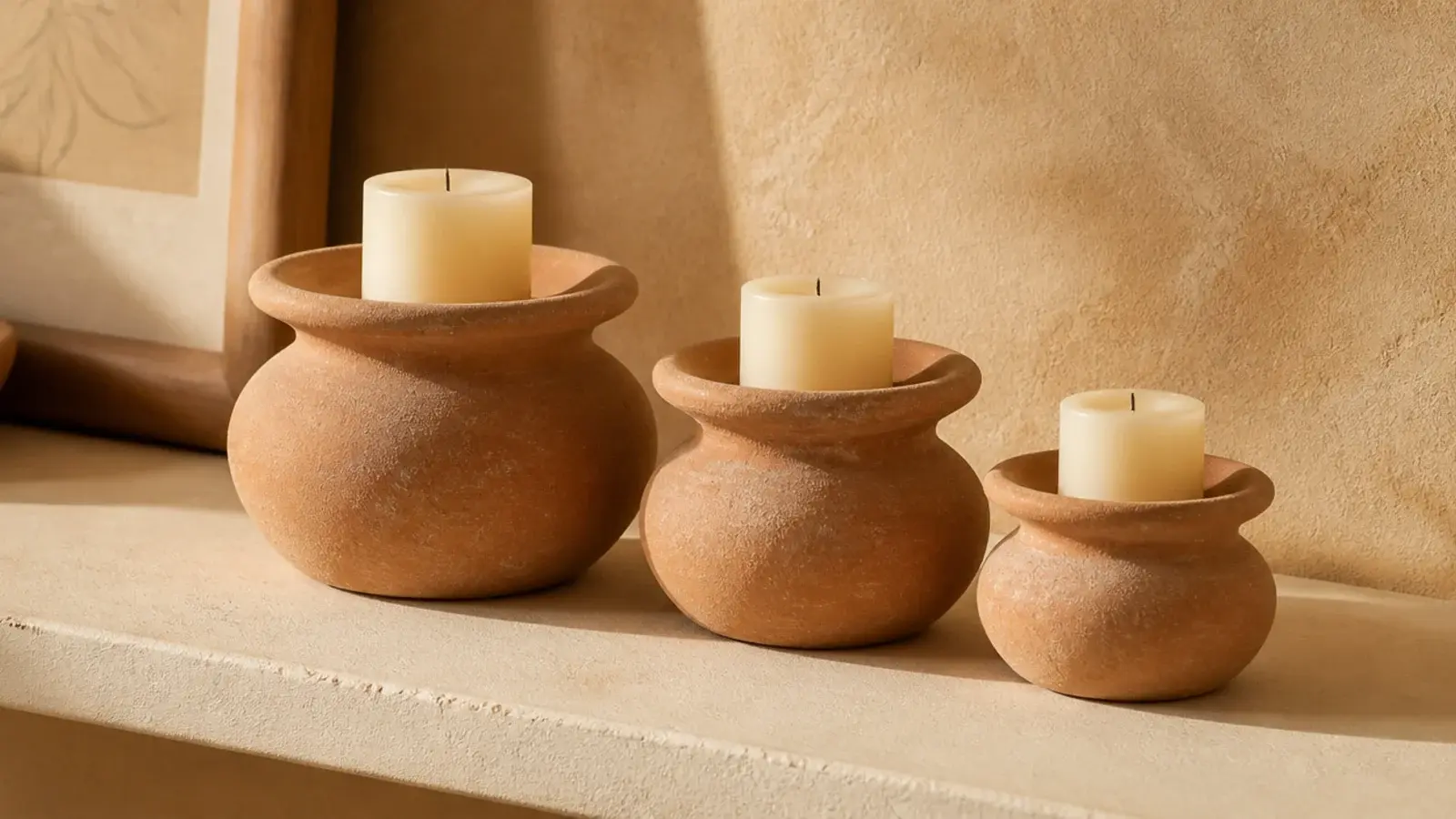 unglazed terracotta candle holders warming a pale neutral vignette
