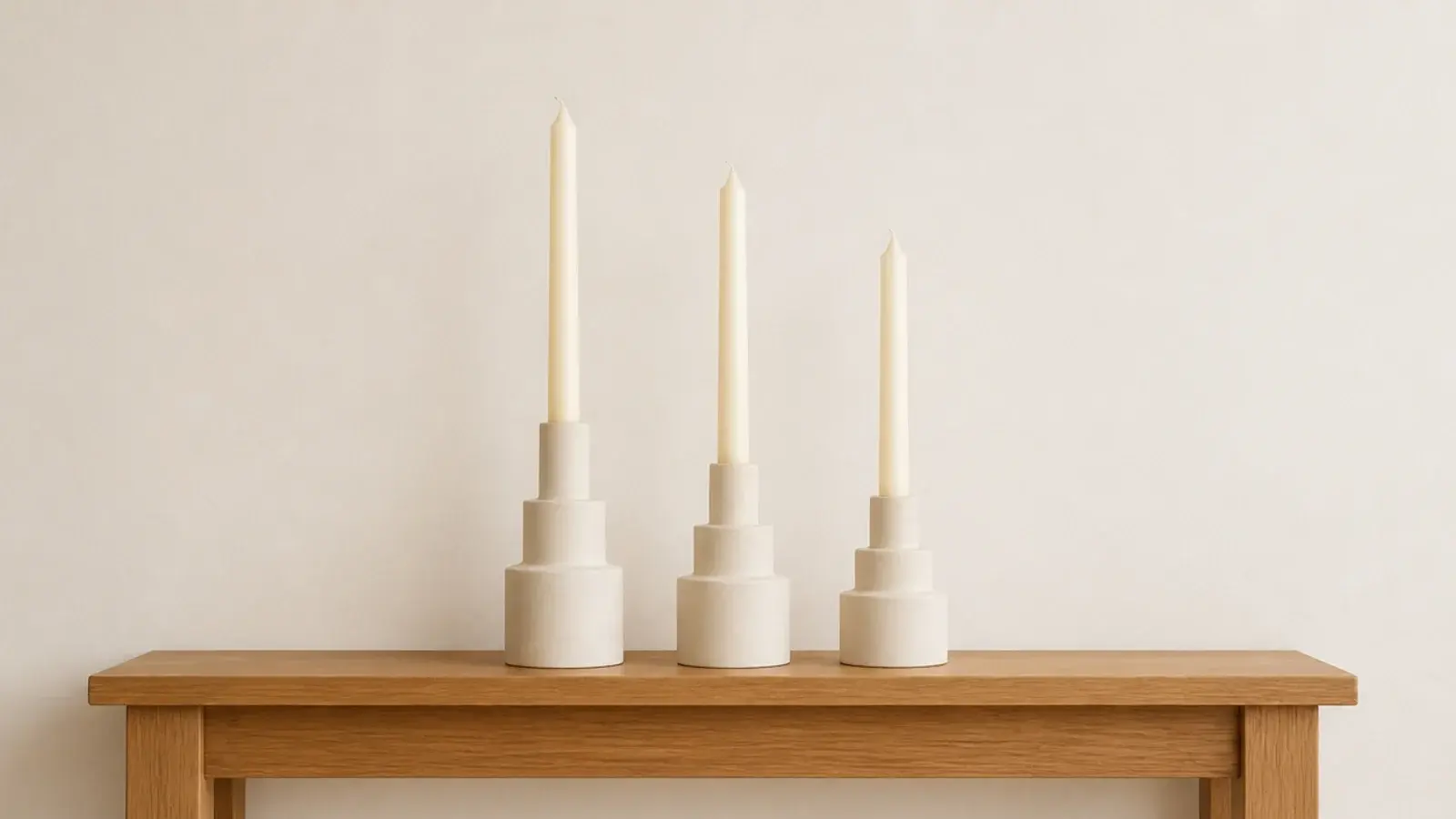 three matte ceramic holders with slim ivory tapers on an entry console