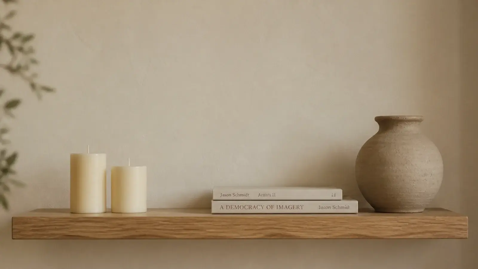 aesthetic candle shelf vignette with cream candles books and a clay vase