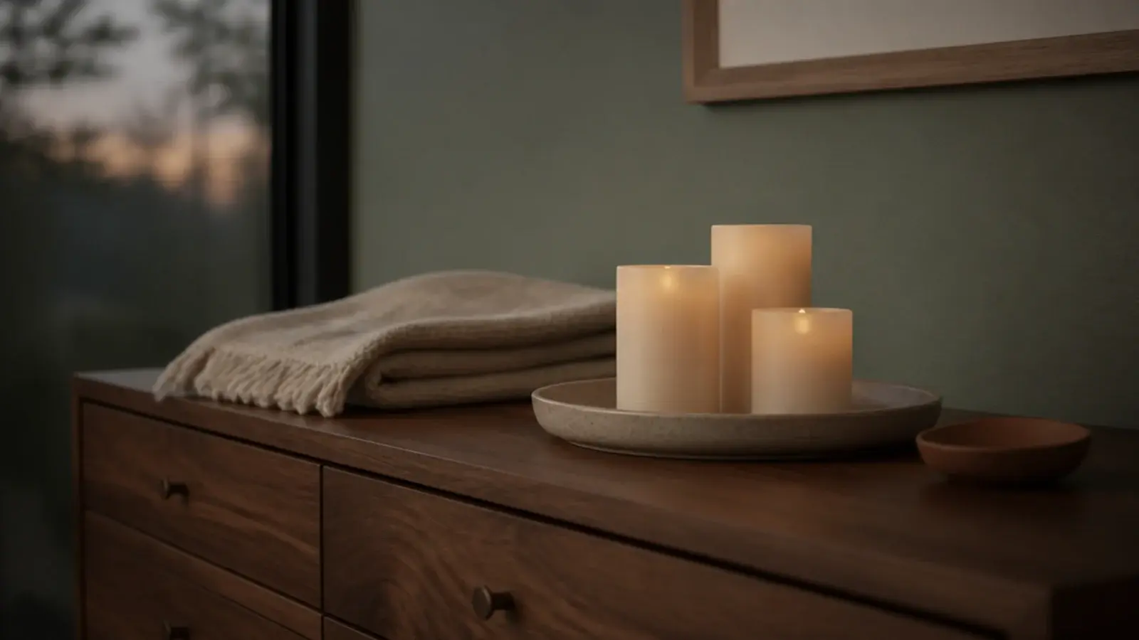 flameless neutral candles on a bedroom dresser beside linen bedding