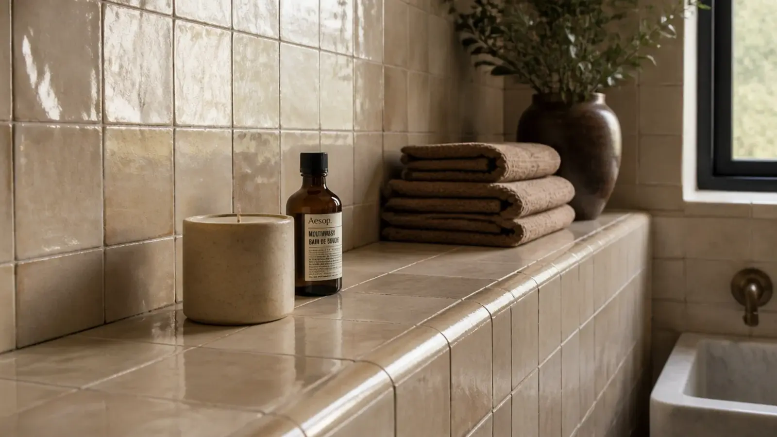 single neutral candle on a bathroom ledge with towels kept well back