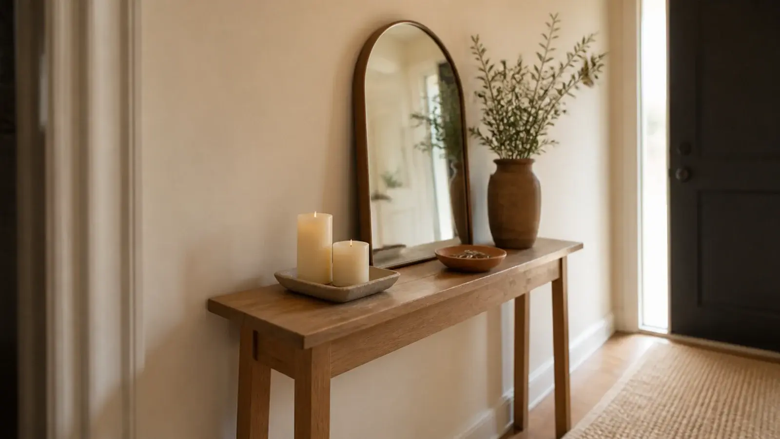 entry console with neutral candles a bowl for keys and a leaning mirror