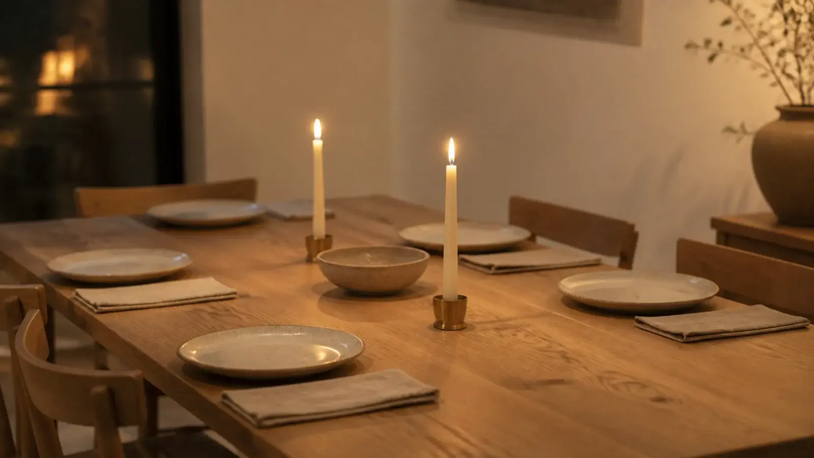 unscented ivory tapers down the middle of a set oak dining table