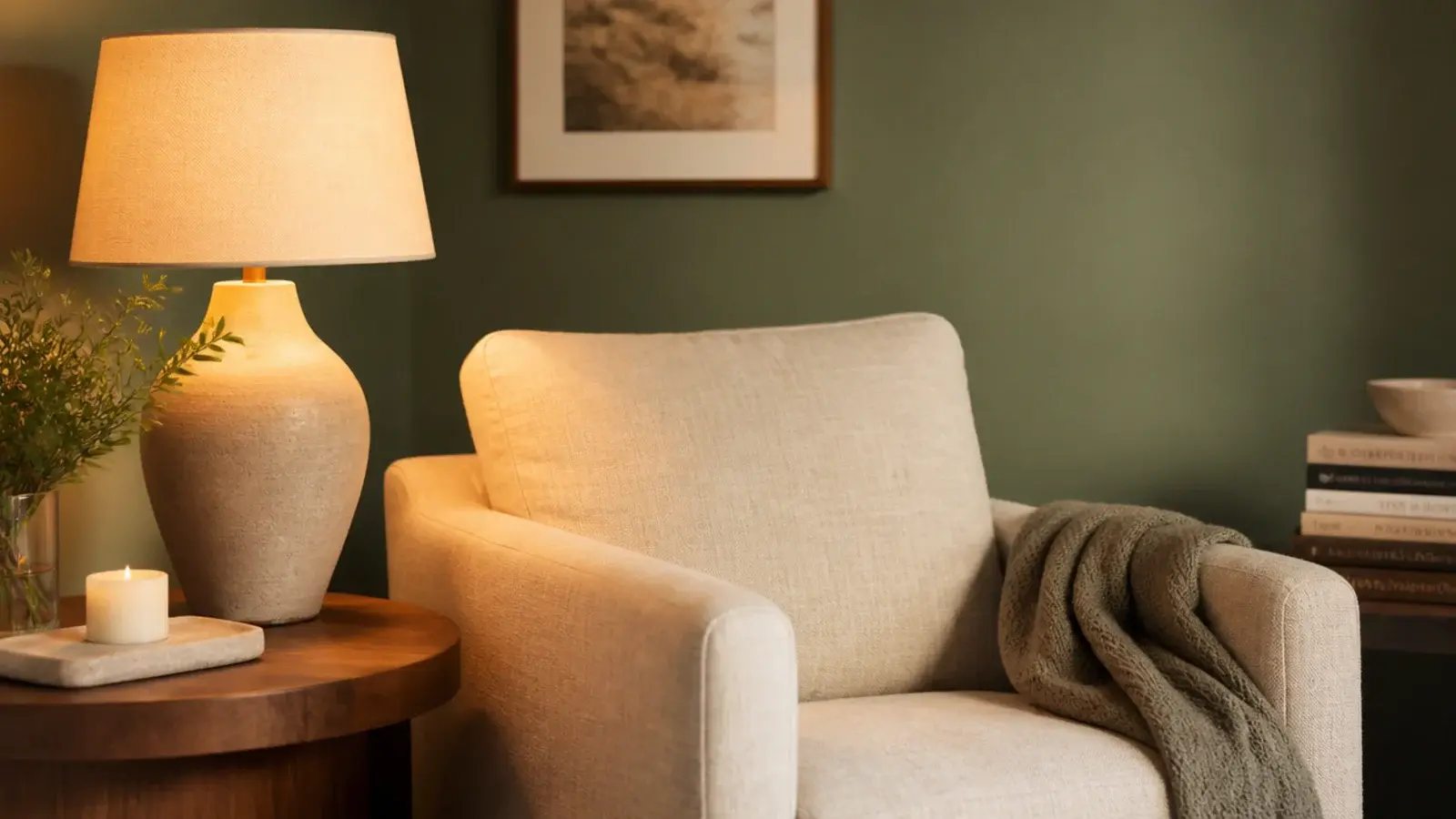 cozy candle corner beside a linen reading chair with a warm lamp