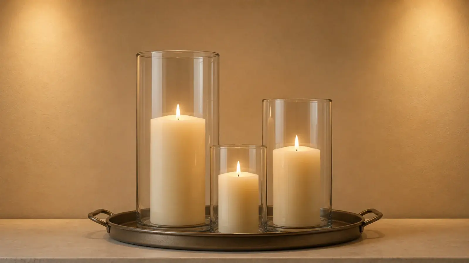 three clear glass hurricanes of different widths sheltering cream candles