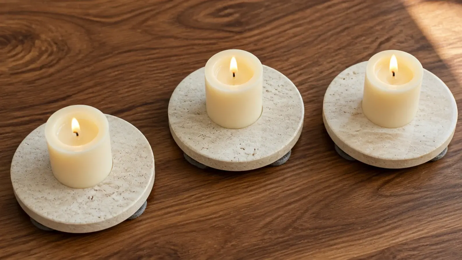 pale stone coasters placed under each neutral candle on a wooden table