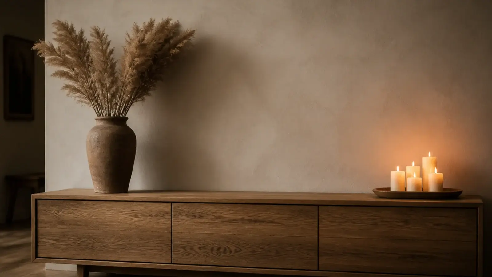 dried grasses in a clay vase placed well away from lit neutral candles