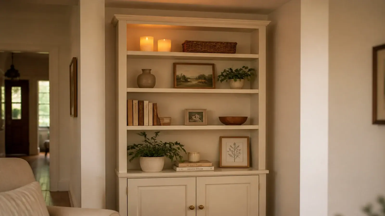 flameless neutral candles glowing on a high shelf near the ceiling
