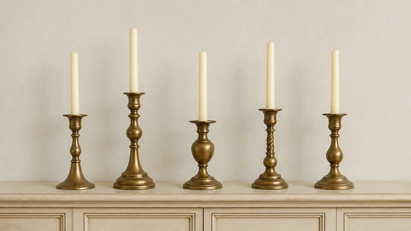 all brass candle holders grouped together on a neutral console surface
