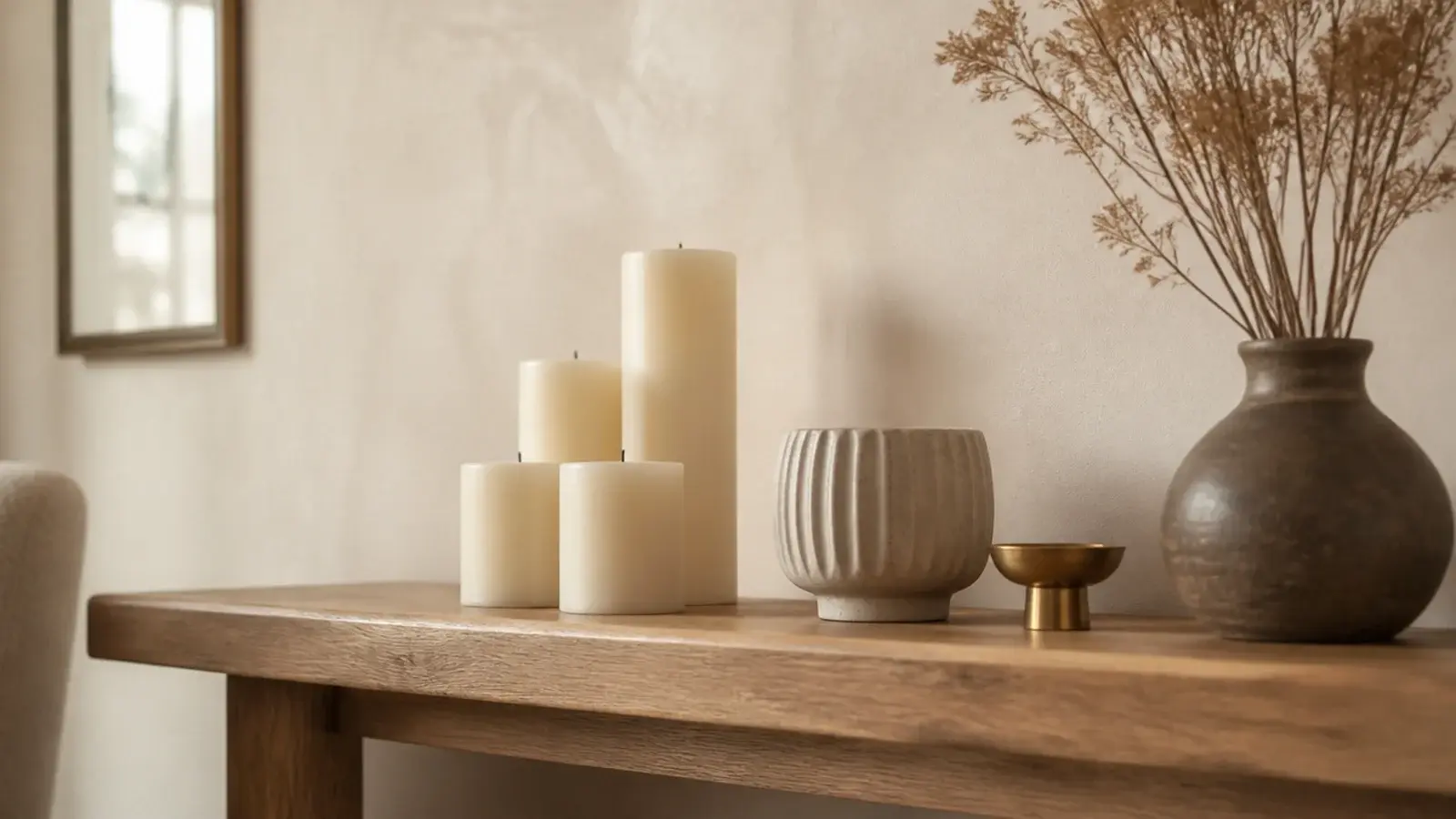 neutral candle aesthetic with cream pillars stoneware and brass on a console