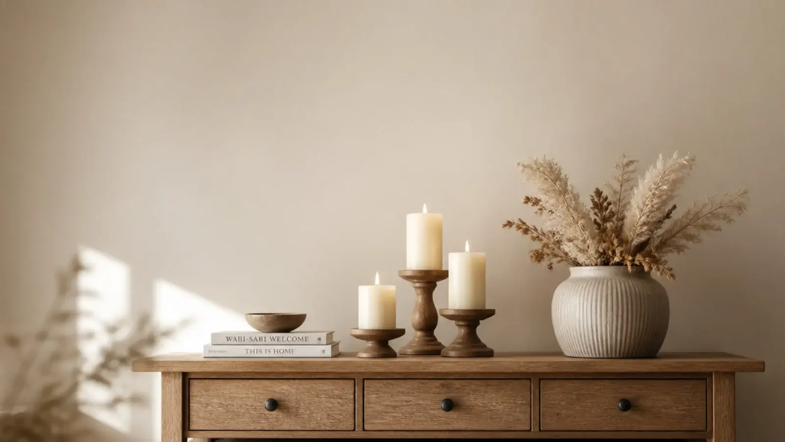 vertical neutral candle aesthetic scene with cream wax stoneware and brass