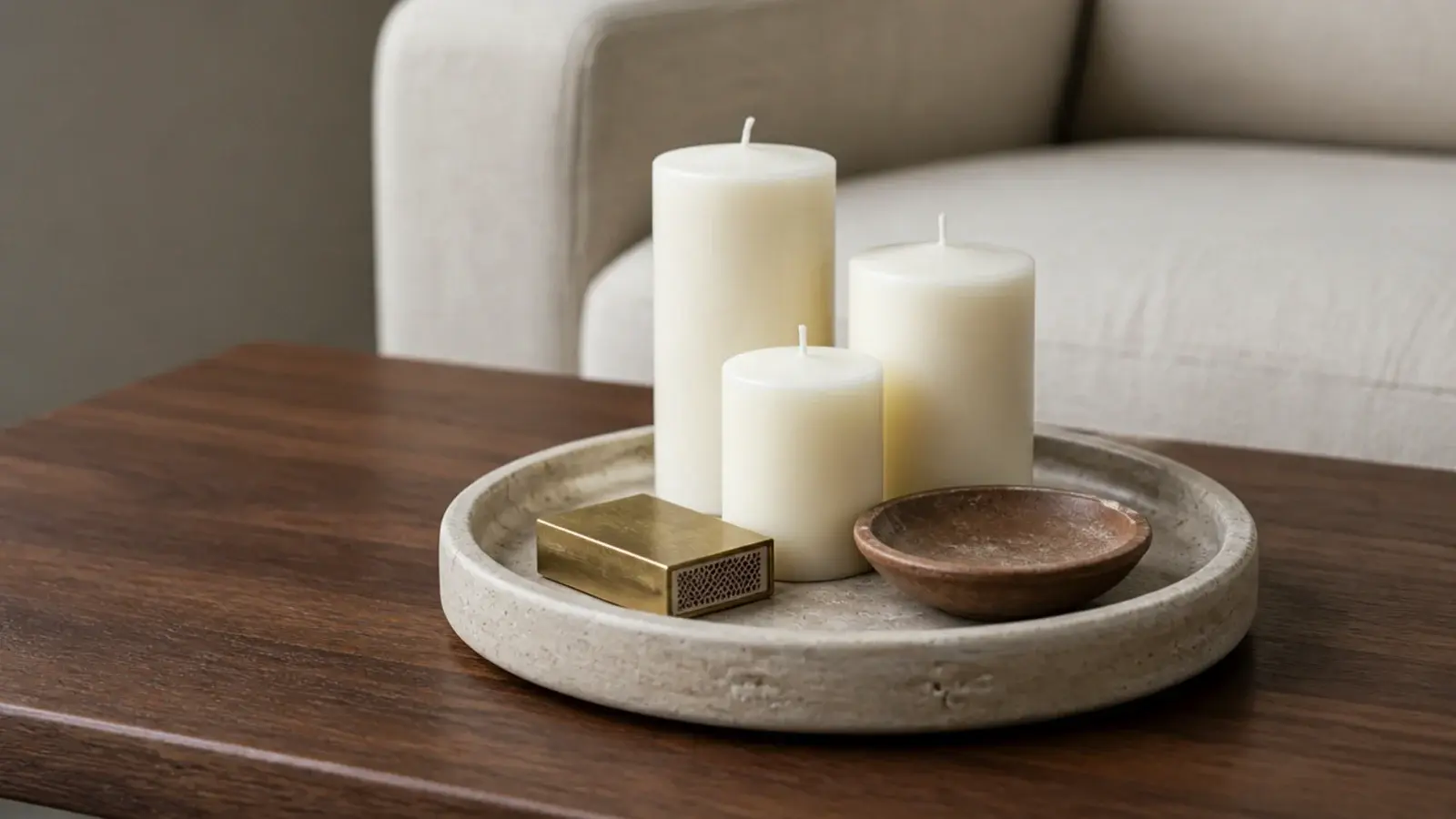lipped stone tray gathering pillar candles into a single arrangement