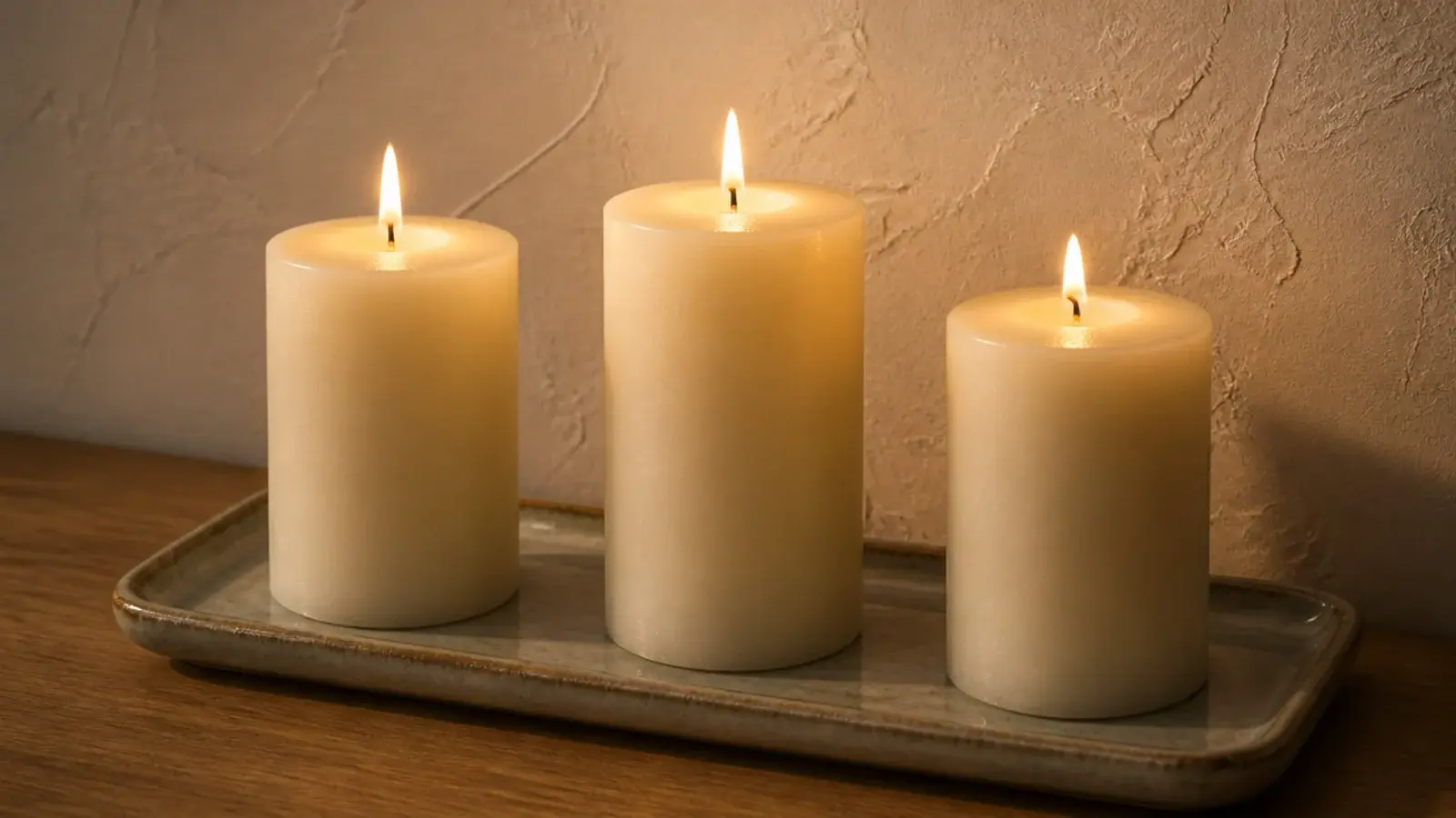 pillar candles spaced closely but not touching on a ceramic tray