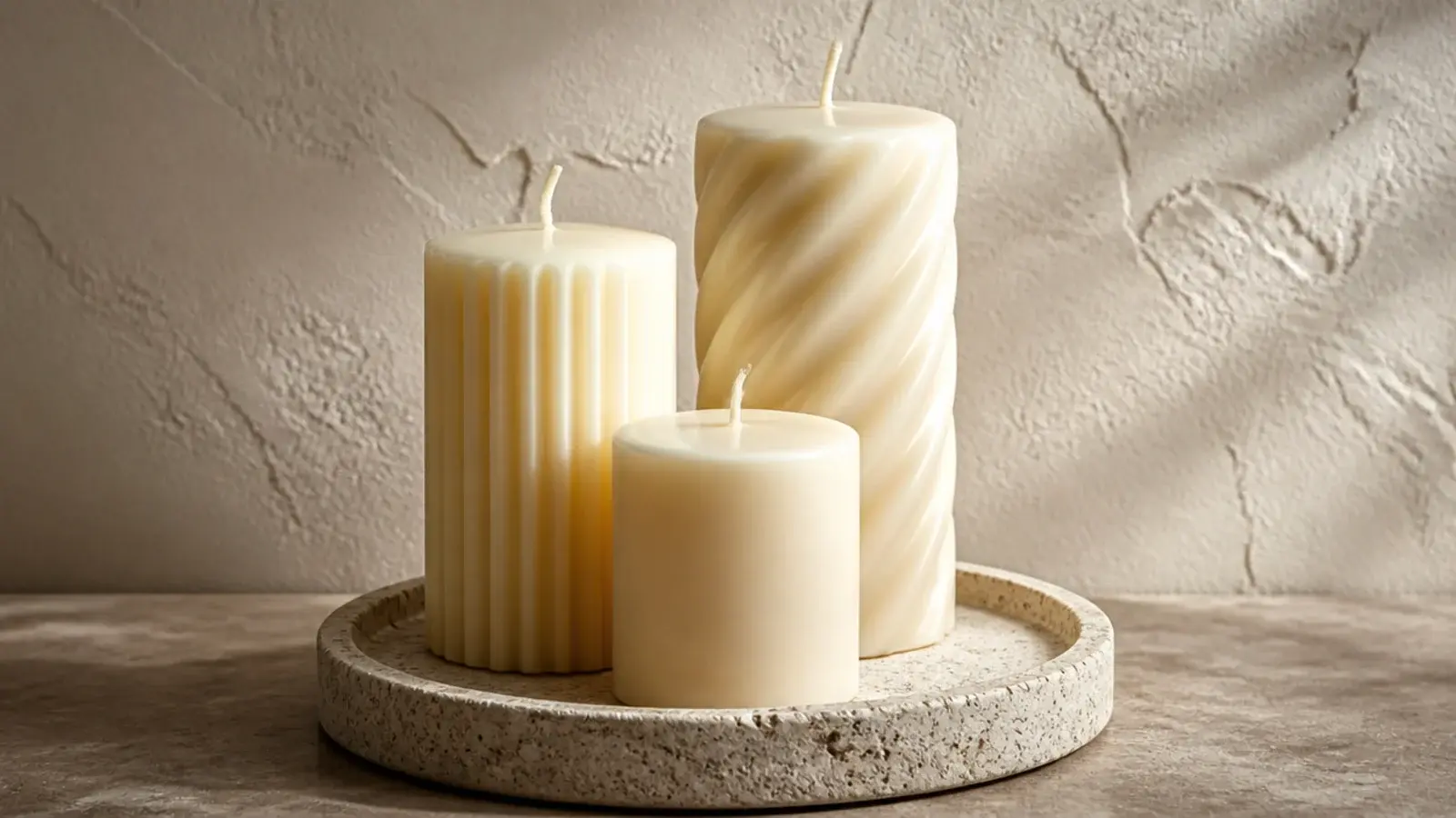 ribbed smooth and twisted pillar candles grouped on one tray