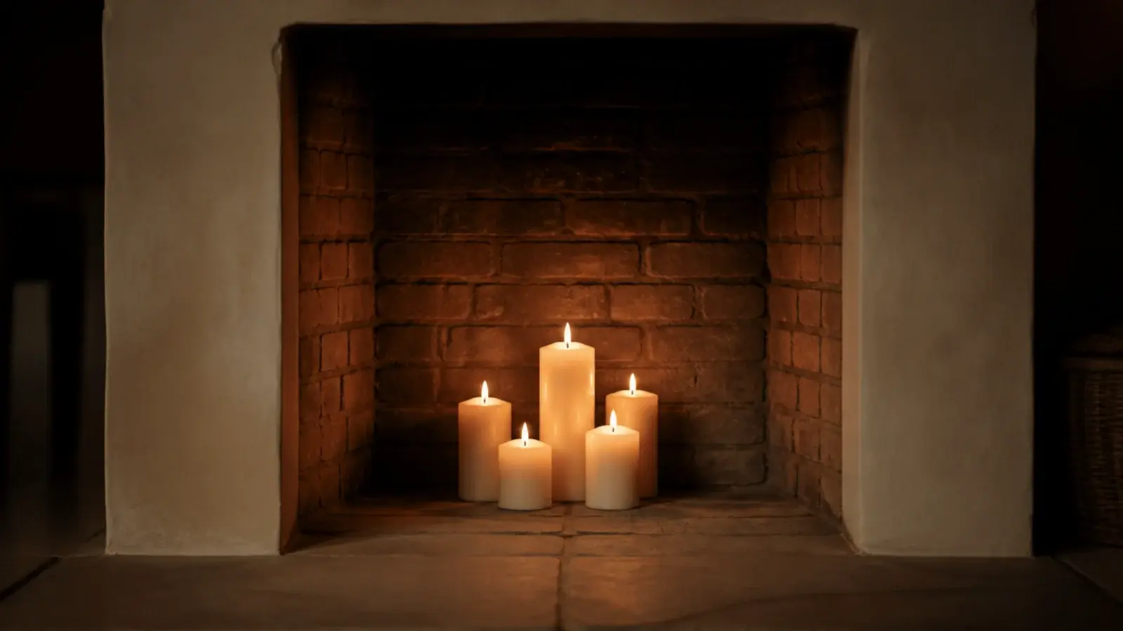 five graduated pillar candles standing on an empty stone hearth