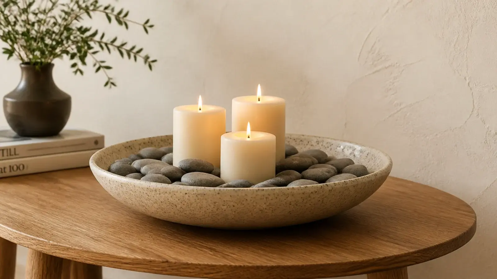 pillar candles nestled among flat river stones in a shallow bowl