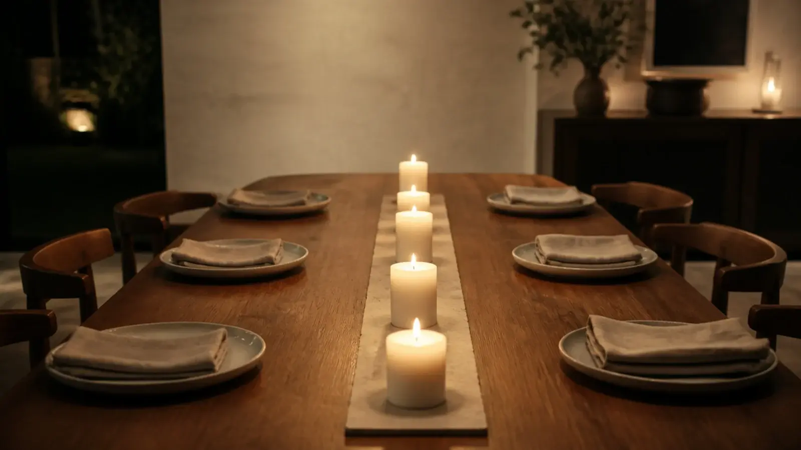 five short pillar candles running down the center of a dining table