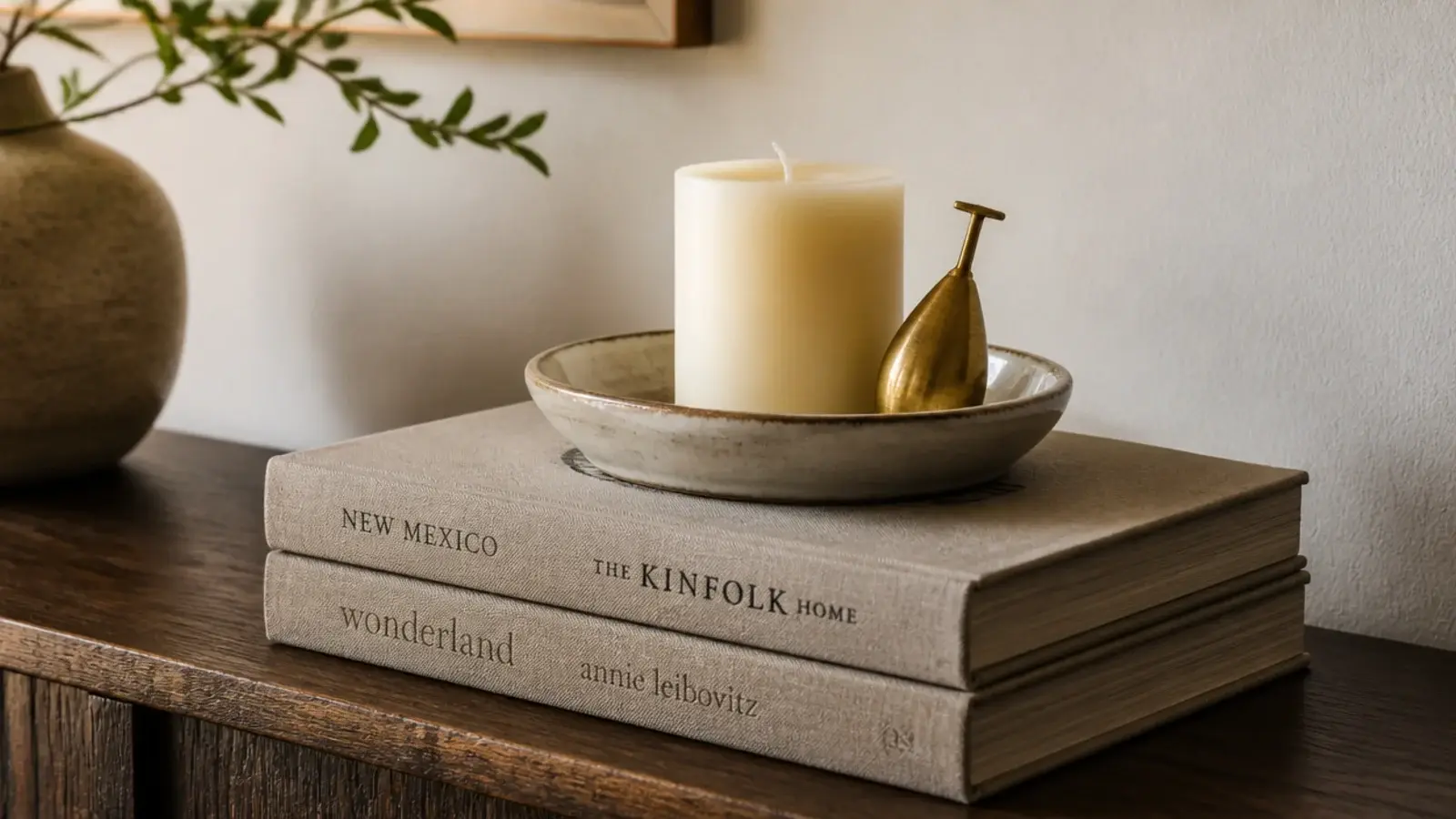 pillar candle raised on stacked books with a ceramic dish between