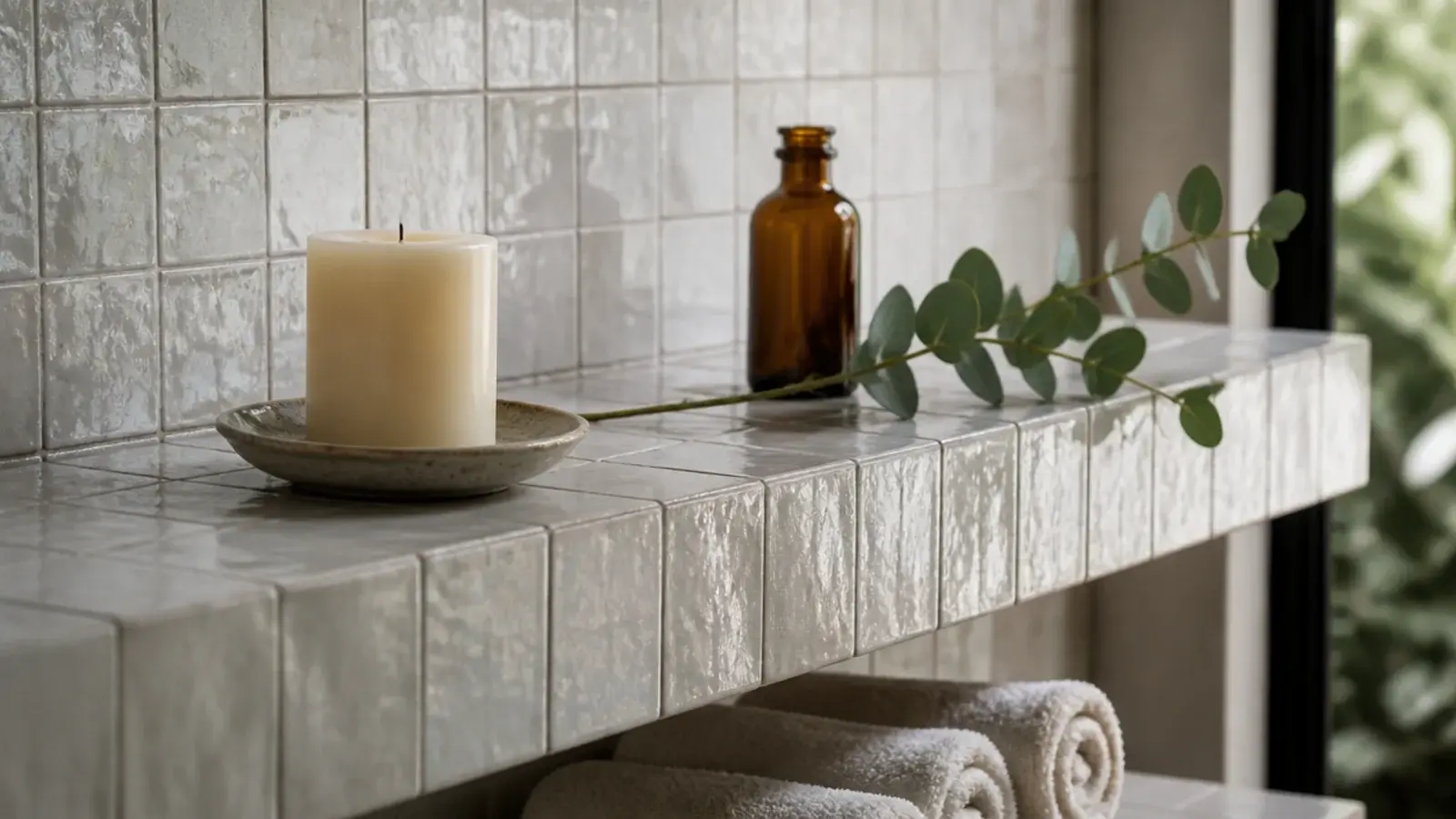 wide pillar candle on a ceramic plate on a tiled bathroom ledge