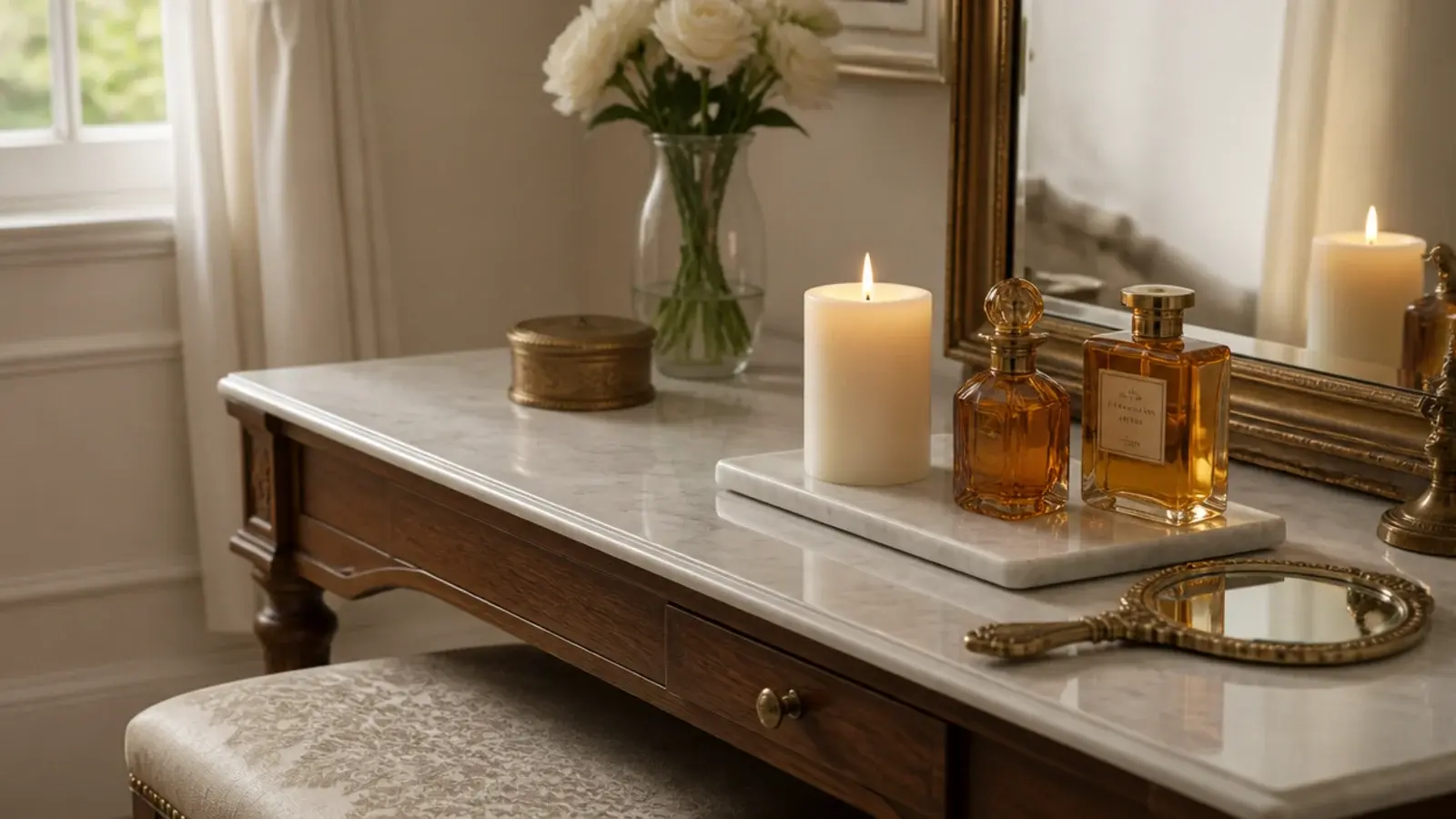 single pillar candle on a marble tray beside perfume on a vanity