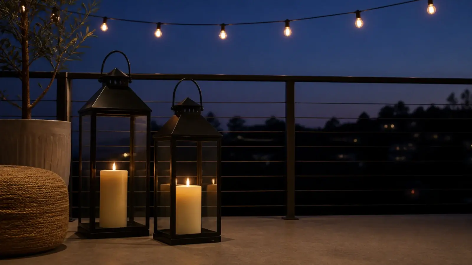 weighted metal lanterns holding pillar candles on a balcony floor