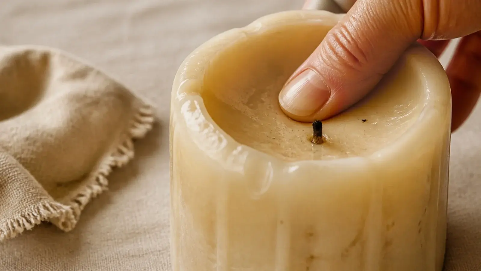 warm outer wall of a pillar candle being pressed inward by thumbs
