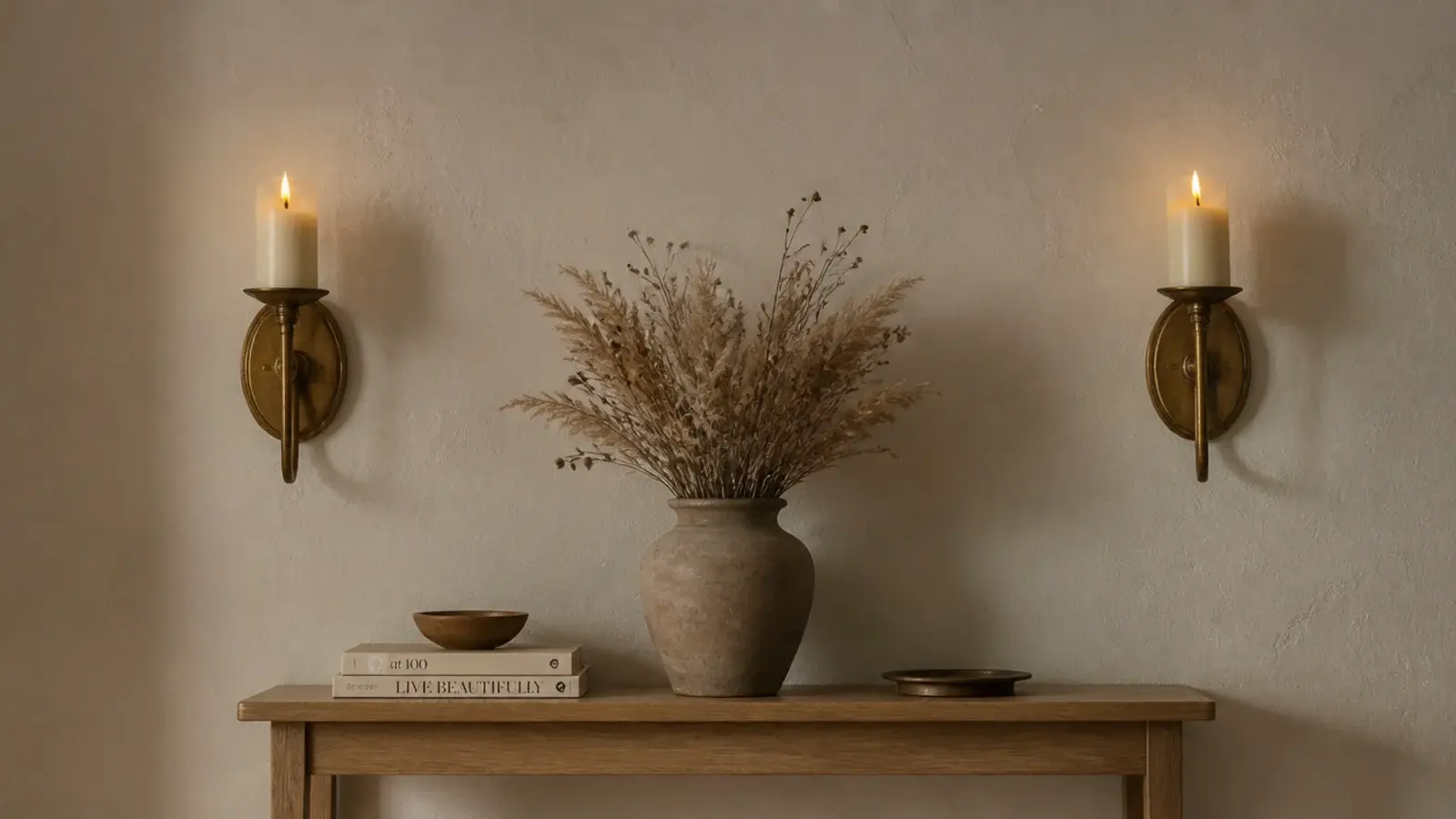 brass wall sconces holding flameless pillar candles above a console