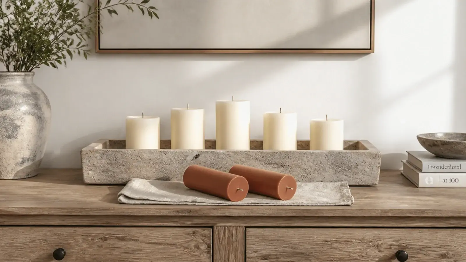 cream pillars laid beside terracotta pillars ready for a seasonal swap
