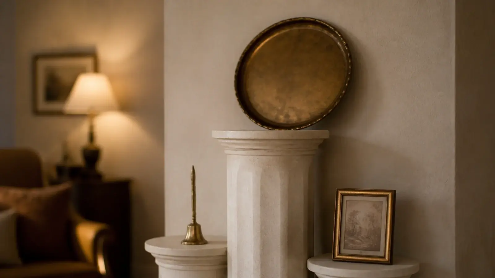 brass objects repeated three times around a pillar candle grouping
