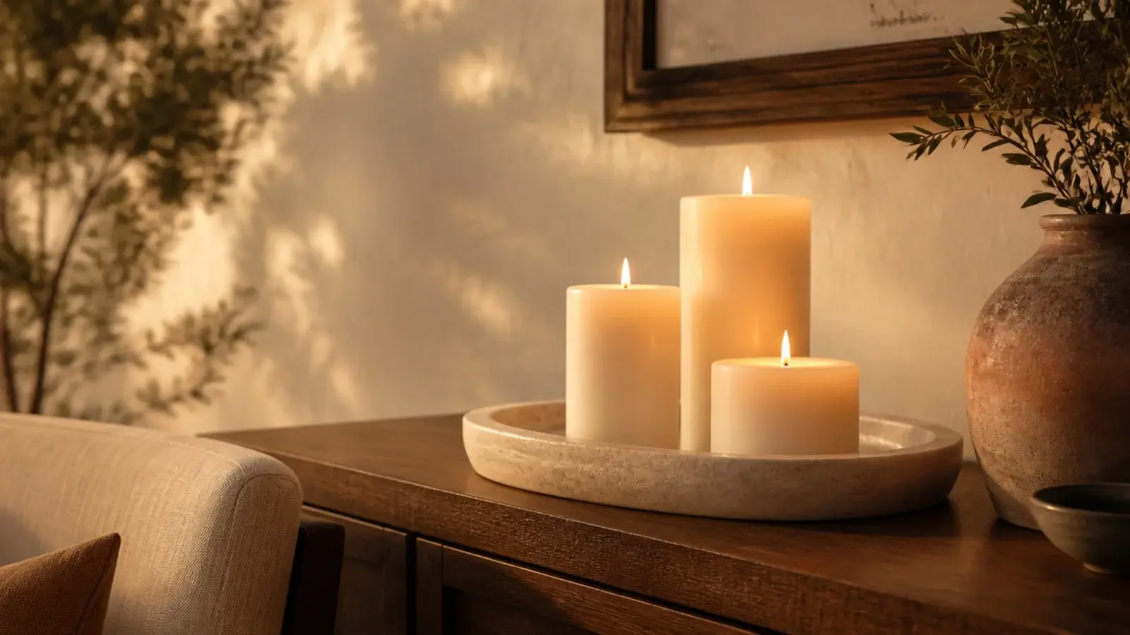 pillar candle grouping at three heights glowing on a stone tray