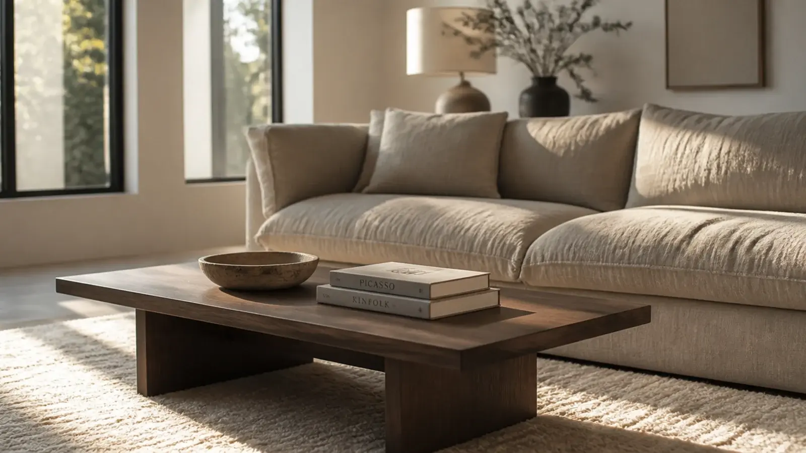 walnut center table in a living room beside a linen sofa and rug